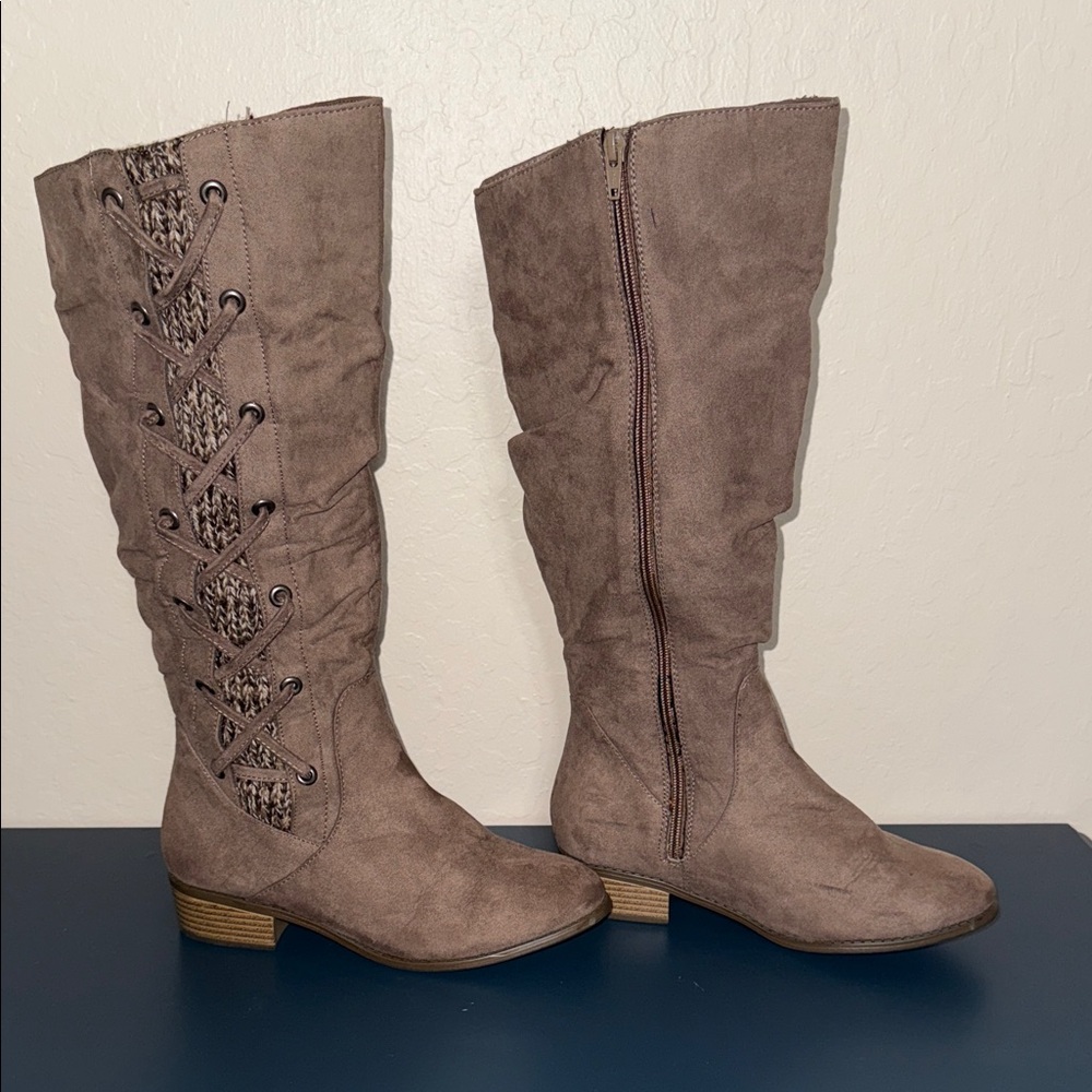 SO Womens Taupe Faux Suede Knee High Lace Up Boots Brown Low Heel Round Toe - Picture 4 of 12
